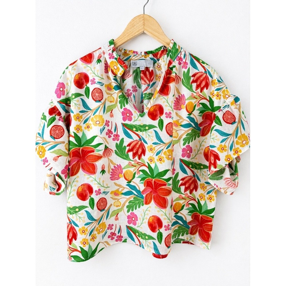 C&C California Floral Fruit Print Blouse Size L Boho Peasant Top Lightweight - Picture 3 of 8